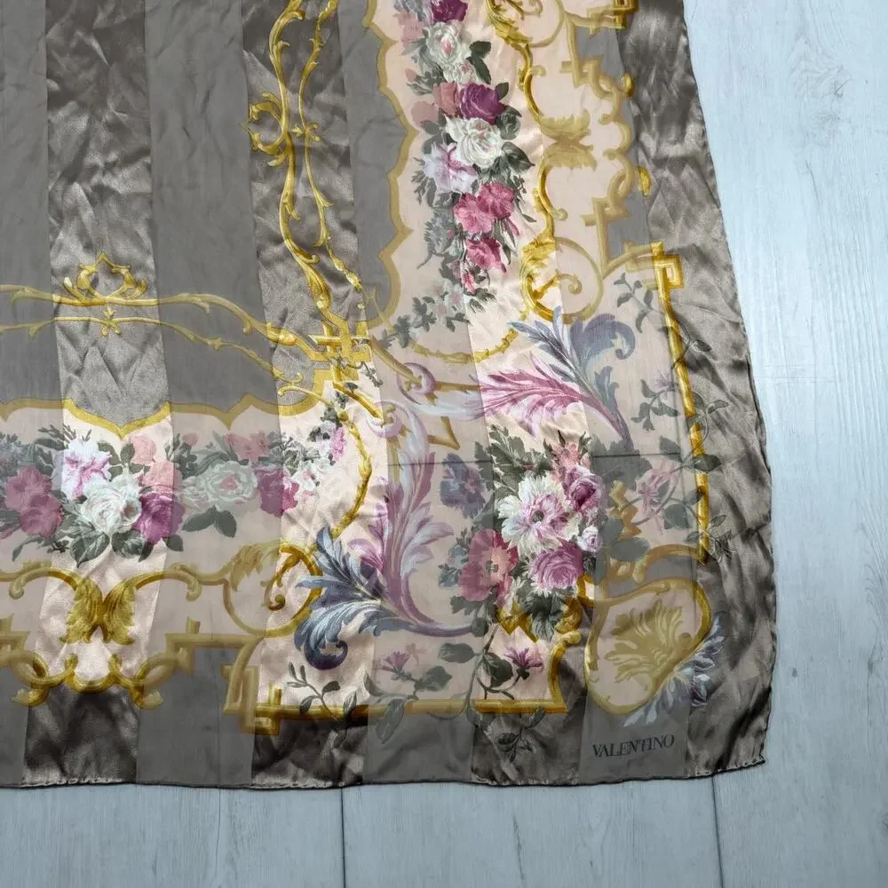VALENTINO Brown Golden Striped Silk w/ logo Floral Print Vintage Scarf 33x34